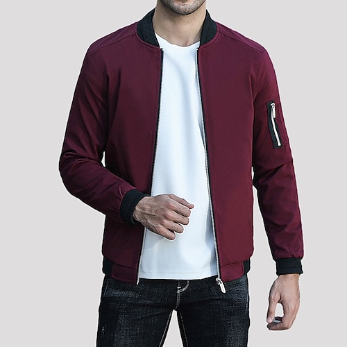 

Men's Bomber Jacket Casual Jacket Casual / Daily Daily Wear Vacation Going out Zipper Standing Collar Warm Ups Comfort Leisure Jacket Outerwear Solid / Plain Color Pocket Front Zip Dark-Gray Wine