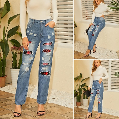 

Women's Christmas Jeans Distressed Jeans Denim Light Blue Fashion Street Casual Side Pockets Baggy Micro-elastic Full Length Comfort Graphic S M L XL XXL / Cut Out / Ripped / Print