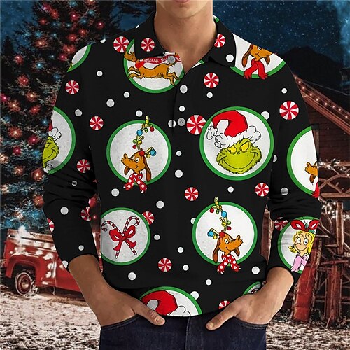 

Men's Collar Polo Shirt Golf Shirt Cartoon Elk Graphic Prints Ugly Christmas Turndown Black Pink Light Green Black / Red Dark Green 3D Print Christmas Street Long Sleeve Button-Down Print Clothing