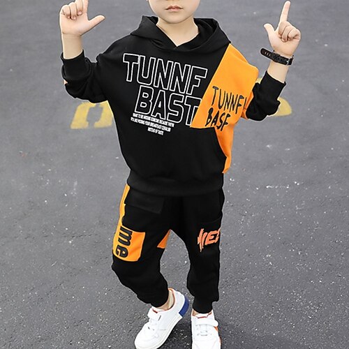 

2 Pieces Kids Boys Hoodie & Pants Clothing Set Outfit Color Block Letter Long Sleeve Cotton Set Outdoor Fashion Casual Winter Fall 3-7 Years Yellow Orange