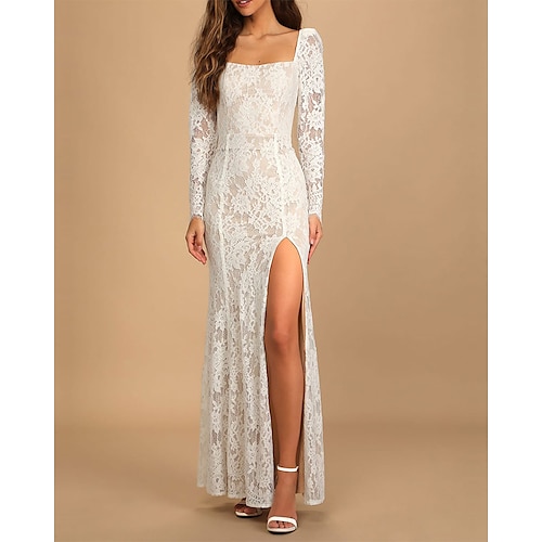 

Mermaid / Trumpet Sheath / Column Wedding Dresses Sweetheart Neckline Scoop Neck Floor Length Lace Over Satin Imitated Silk Long Sleeve Simple Boho Sexy with Lace Split Front 2022