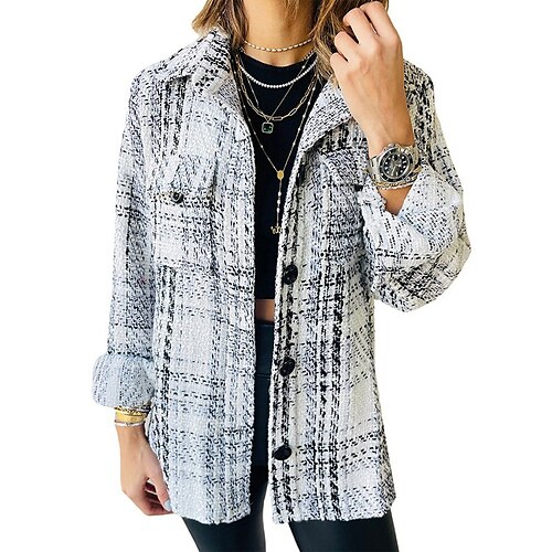 

Women's Casual Jacket Warm Breathable Outdoor Going out Casual Daily Weekend Pocket Single Breasted Turndown Active Comfortable Street Style Plaid Regular Fit Outerwear Long Sleeve Winter Fall Black