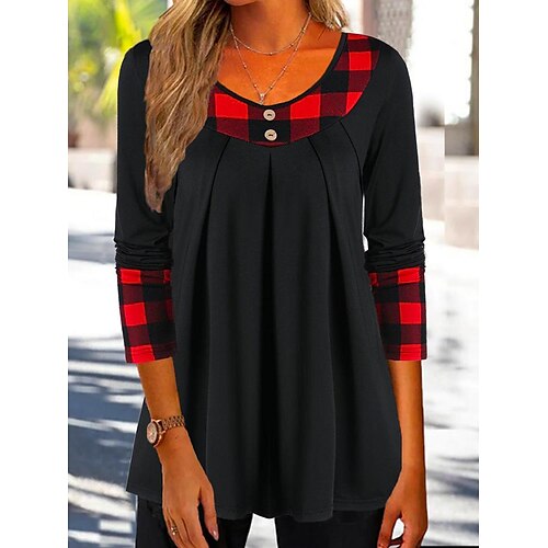 

Women's Shirt Black Plaid Flowing tunic Print Long Sleeve Casual Basic Round Neck Regular S