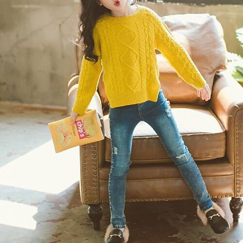 

Kids Girls' Sweater Solid Color Daily Long Sleeve Daily Cotton 2-12 Years Winter Yellow