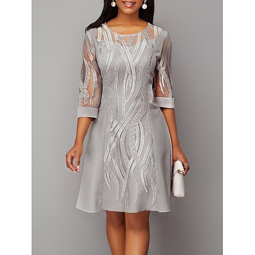 

Women's Lace Dress Cocktail Dress Knee Length Dress Gray Half Sleeve Embroidery Mesh Fall Winter Crew Neck Party Elegant Mature 2022 S M L XL 2XL 3XL 4XL 5XL