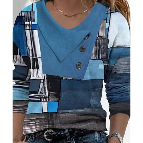 

Women's Plus Size Tops T shirt Tee Color Block Geometry Button Print Long Sleeve Casual Daily Going out Polyester Winter Fall Blue