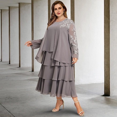 

Two Piece A-Line Plus Size Curve Mother of the Bride Dresses Elegant Dress Formal Tea Length Sleeveless Jewel Neck Chiffon with Ruffles Appliques 2022