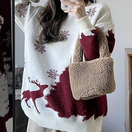 

Women's Ugly Christmas Sweater Pullover Sweater Jumper Ribbed Knit Knitted Elk Crew Neck Stylish Casual Outdoor Christmas Winter Fall Red White One-Size / Long Sleeve / Weekend / Holiday / Going out