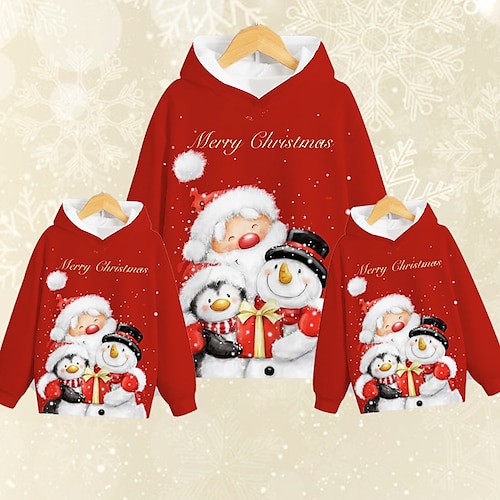 

Family Ugly Christmas Hoodie Santa Claus Snowman Casual Pocket Wine Dark Green Red Long Sleeve Adorable Matching Outfits Winter Fall
