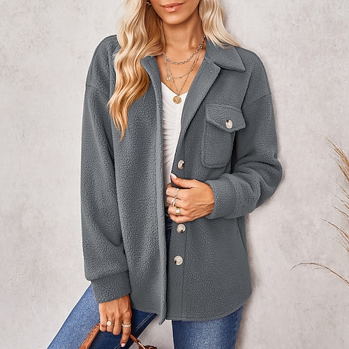 

Women's Teddy Coat Comfortable Casual Casual Daily Pocket Single Breasted Lapel Comfortable Solid Color Loose Fit Outerwear Long Sleeve Winter Fall Dark Green Khaki Dark Gray S M L XL