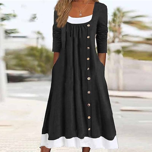 

Women's Casual Dress Shift Dress Midi Dress Black 3/4 Length Sleeve Pure Color Button Pocket Fake two piece Fall Winter Crew Neck Vacation Casual 2022 S M L XL XXL 3XL / Cotton