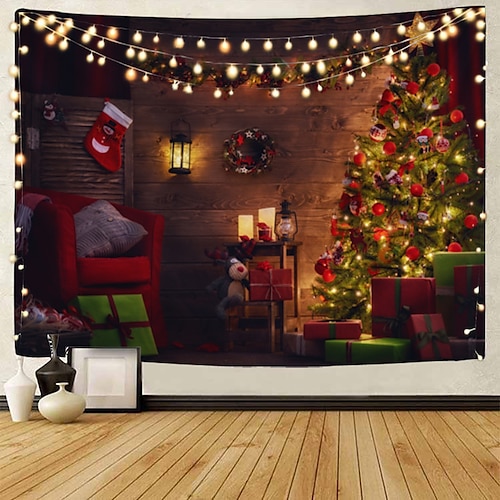 

Christmas Tree Wall Tapestry Art Decor Photography Background Gift Snowman Fireplace Blanket Curtain Hanging Home Bedroom Living Room Party Decoration Polyester