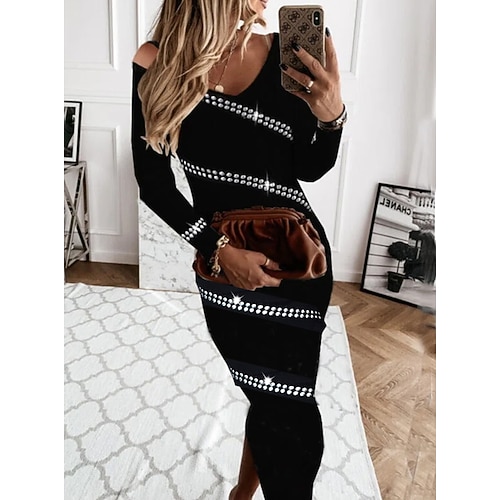 

Women's Party Dress Sheath Dress Maxi long Dress Black Long Sleeve Print Split Cold Shoulder Fall Winter V Neck Stylish Modern 2022 S M L XL XXL 3XL