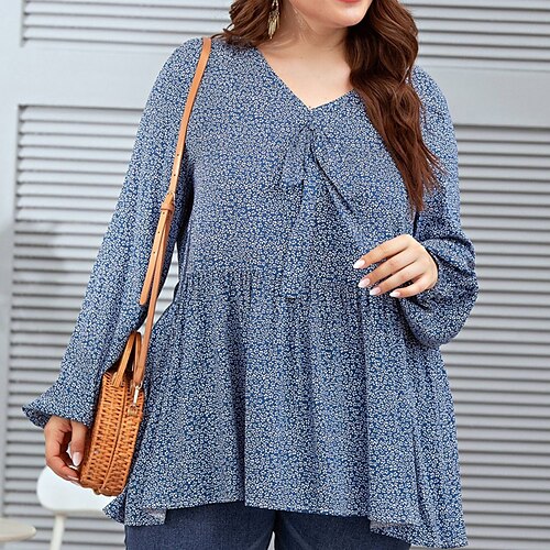 

Women's Plus Size Tops Blouse Shirt Floral Ruffle Print Long Sleeve V Neck Casual Daily Going out Chiffon Winter Fall Blue