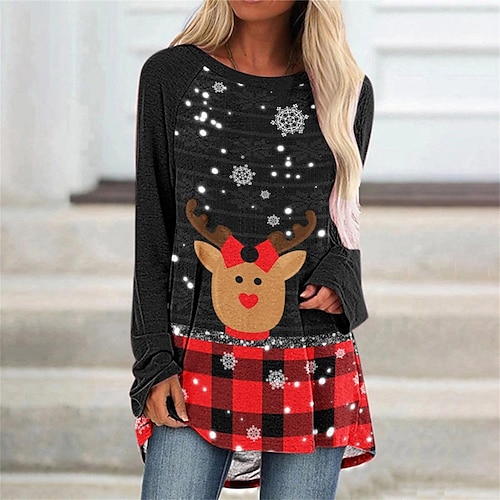 

Women's Shirt Belt Black Button Print belt cloud smiley print red santa print Deer Santa Claus Print Long Sleeve Christmas Casual Streetwear Christmas Round Neck Long S