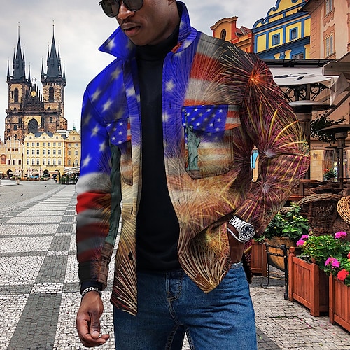 

Men's Coat With Pockets Daily Wear Vacation Going out Single Breasted Turndown Streetwear Casual Daily Outdoor Jacket Outerwear National Flag Pocket Print Blue / Long Sleeve