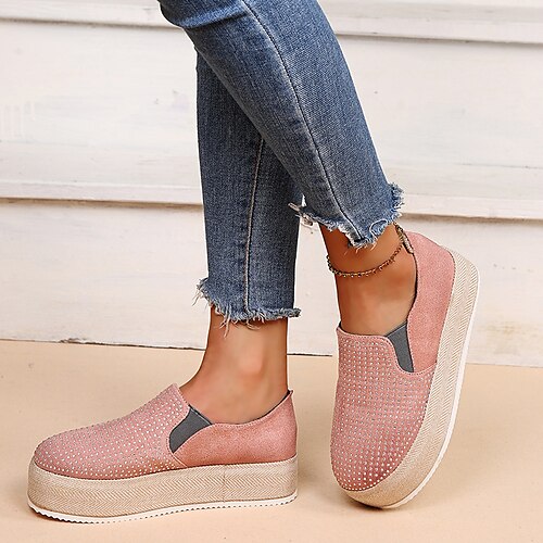 

Women's Slip-Ons Outdoor Comfort Shoes Summer Rhinestone Flat Heel Round Toe Casual Classic Walking Shoes PU Leather Loafer Solid Colored Black Yellow Rosy Pink