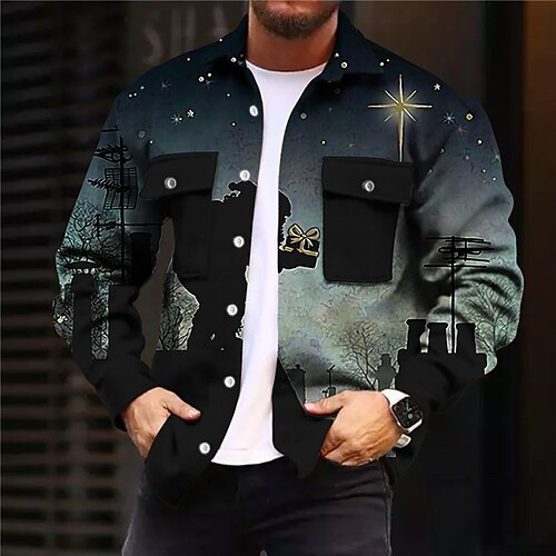 

Men's Jacket With Pockets Christmas Daily Wear Vacation Single Breasted Turndown Streetwear Casual Comfort Jacket Outerwear Santa Claus Front Pocket Print Blue / Long Sleeve