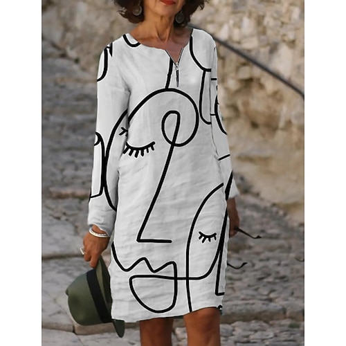 

Women's Casual Dress Black Blue White Long Sleeve Abstract Zipper Winter Fall Crew Neck Modern Winter Dress Fall Dress 2022 S M L XL 2XL 3XL 4XL 5XL 6XL