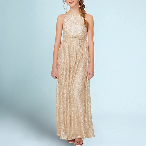 

A-Line Floor Length Round Neck Sequined Junior Bridesmaid Dresses&Gowns With Ruching Wedding Party Dresses 4-16 Year