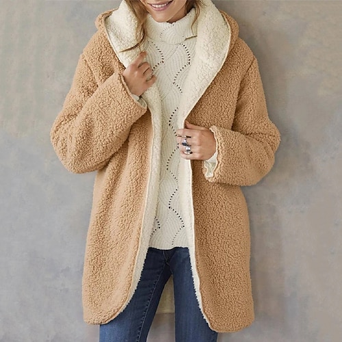 

Women's Sherpa jacket Fleece Jacket Teddy Coat Warm Breathable Outdoor Daily Wear Vacation Going out Pocket Open Front Hoodie Lady Comfortable Plush Solid Color Regular Fit Outerwear Long Sleeve