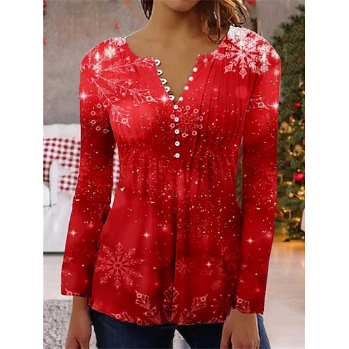

Women's Shirt Red Snowflake Button Print Long Sleeve Christmas Casual Basic Christmas Shirt Collar Regular S