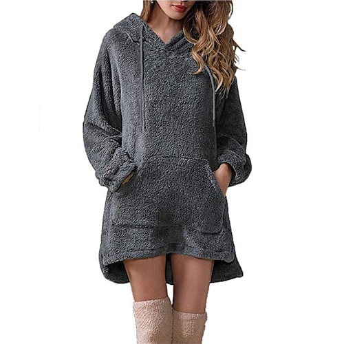 

Women's Hoodie Dress Winter Dress Black Apricot Grey Long Sleeve Pure Color Patchwork Pocket Winter Fall Hooded Stylish Casual Fall Dress Loose Fit 2022 S M L XL XXL / Velvet