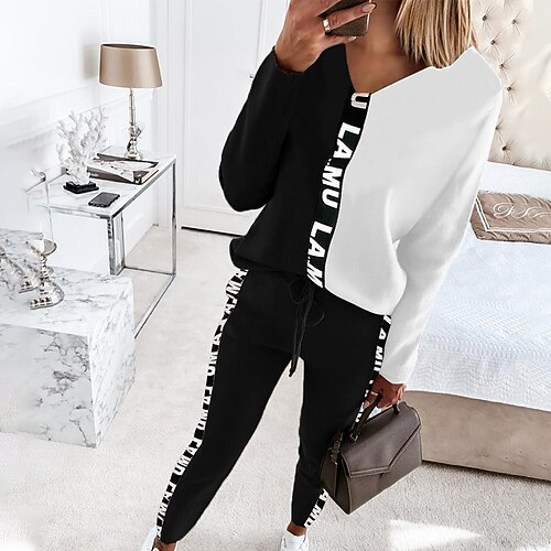 

Women's Loungewear Sets Sweatsuit 2 Pieces Letter Patchwork Warm Fashion Comfort Home Daily Going out Polyester V Wire Long Sleeve Hoodie Pant Winter Fall Black