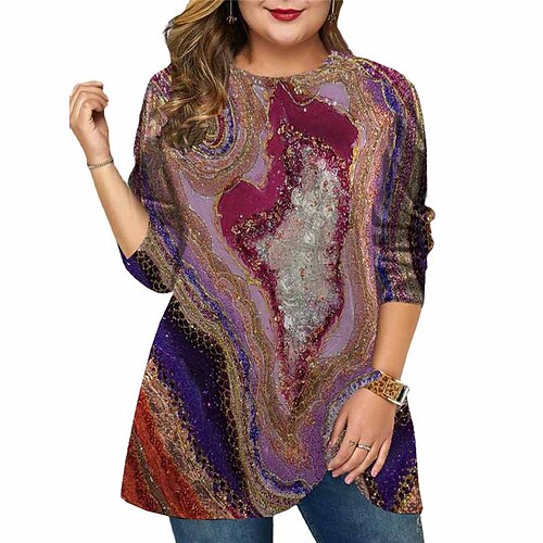 

Women's Plus Size Tops T shirt Tee Color Gradient Print Long Sleeve Crewneck Casual Daily Holiday Cotton Spandex Jersey Winter Fall Green Blue