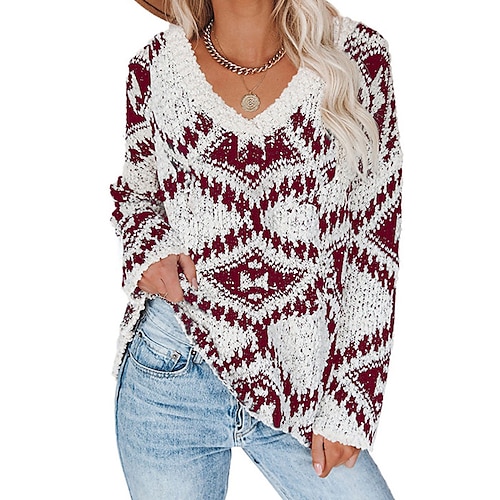 

Women's Pullover Sweater jumper Jumper Ribbed Knit Knitted Floral V Neck Stylish Casual Outdoor Daily Winter Fall Red S M L / Long Sleeve / Regular Fit / Going out