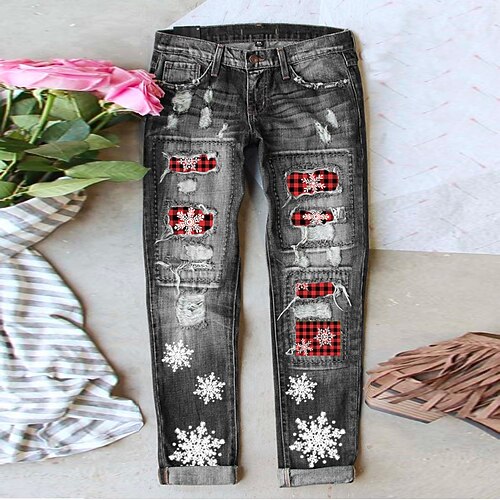 

Women's Jeans Distressed Jeans Denim Grey Fashion Christmas Christmas Street Casual Baggy Ripped Micro-elastic Full Length Comfort Plaid S M L XL XXL / Print