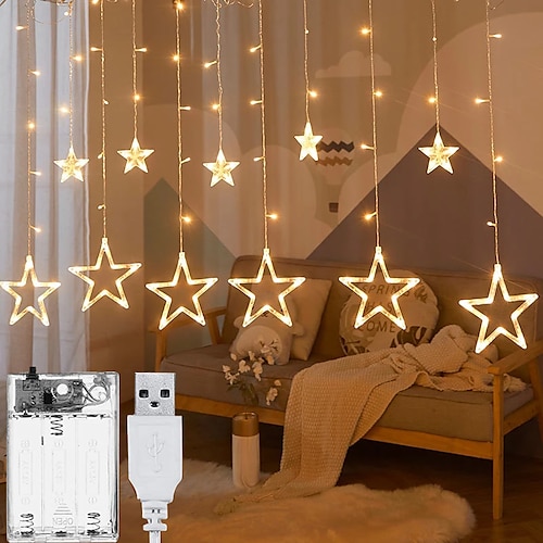 

3M Star Window Curtain String Lights Christmas Decoration Garland Curtain Fairy Light Battery and USB Operated Wedding New Year Party Home Window Outdoor Decoration