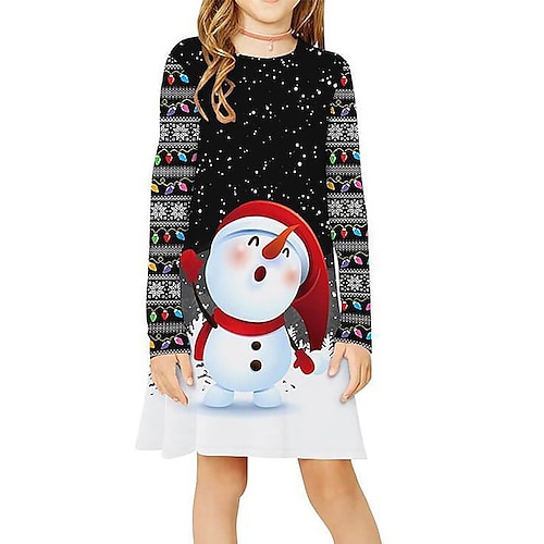 

Kids Girls' Christmas Party Dress Snowman Casual Dress Christmas Gifts Casual Crewneck Black Above Knee Long Sleeve Adorable Daily Dresses Christmas Fall Winter Regular Fit 3-10 Years