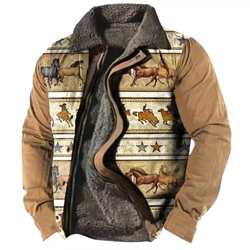 

Men's Coat Fleece Lining With Pockets Daily Wear Vacation Going out Zipper Turndown Casual Daily Outdoor Comfort Jacket Outerwear Horse Geometry Zipper Fleece Print Yellow