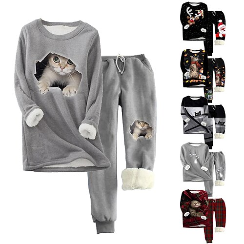 

Women's Plus Size Tops Fleece Set Cat Snowman Print Long Sleeve Crew Neck Streetwear Casual Vacation Polyester Winter Fall Black And White Black / Outdoor