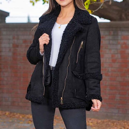 

Women's Winter Coat Warm Breathable Street Daily Wear Vacation Going out Pocket Faux Fur Trim Zipper Turndown Casual Modern Comfortable Street Style Solid Color Regular Fit Outerwear Long Sleeve