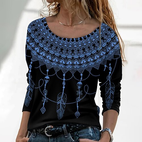 

Women's T shirt Tee Green Blue Purple Graphic Print Long Sleeve Casual Holiday Basic Round Neck Regular Painting S