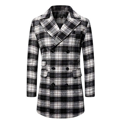 

Men's Fashion Casual Overcoat Long Tailored Fit Checkered Double Breasted Six-buttons Coffee Black 2022 / Winter