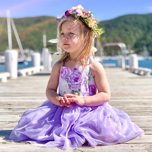 

Wedding Party Birthday A-Line Flower Girl Dresses Halter Neck Knee Length Cotton with Flower Splicing Flowers Tutu Cute Girls' Party Dress Fit 3-16 Years