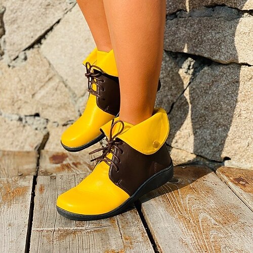 

Women's Boots Plus Size Lace Up Boots Booties Ankle Boots Lace-up Low Heel Round Toe Casual Minimalism Outdoor Daily PU Leather Lace-up Spring Fall Color Block Yellow Brown