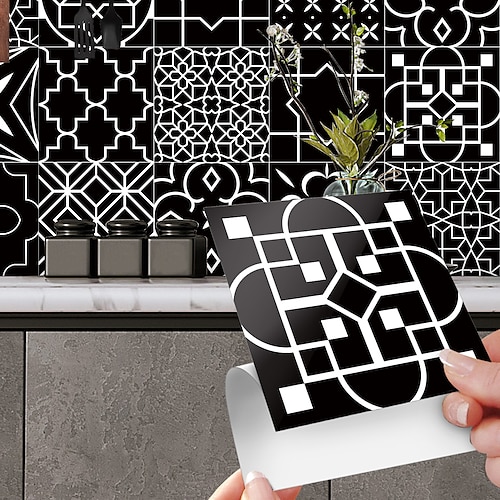 

24pcs Black Geometric Crystal Membrane Ceramic Tile Waterproof Creative Industrial Style Kitchen Bathroom Living Room Self-adhesive Wall Sticker Waterproof Ceramic Tile Sticker