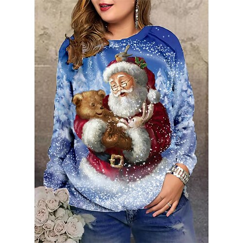 

Women's Plus Size Christmas Tops Pullover Sweatshirt Graphic Santa Claus Long Sleeve Crewneck Streetwear Daily Polyester Winter Fall Blue Purple / Sunflower