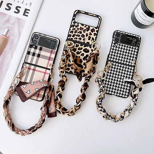 

Phone Case For Samsung Galaxy Back Cover Z Flip 4 Z Flip 3 Four Corners Drop Resistance with Wrist Strap Shockproof Geometric Pattern PC PU Leather