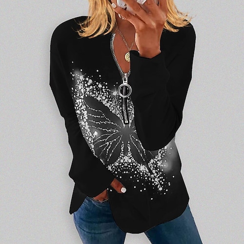 

Women's Shirt Light Blue Fushcia Green Butterfly Print Long Sleeve Casual Holiday Streetwear V Neck Regular Butterfly S