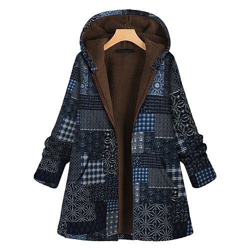 

Women's Winter Jacket Sherpa jacket Fleece Jacket Warm Breathable Outdoor Daily Wear Vacation Going out Pocket Print Zipper Hoodie Active Retro Comfortable Street Style Color Block Regular Fit