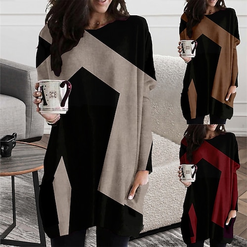 

Women's Casual Dress T Shirt Dress Tee Dress Shift Dress Mini Dress Red Camel Beige Long Sleeve Geometric Pocket Fall Winter Round Neck Casual Winter Dress Fall Dress Loose Fit 2023 XS S M L XL XXL