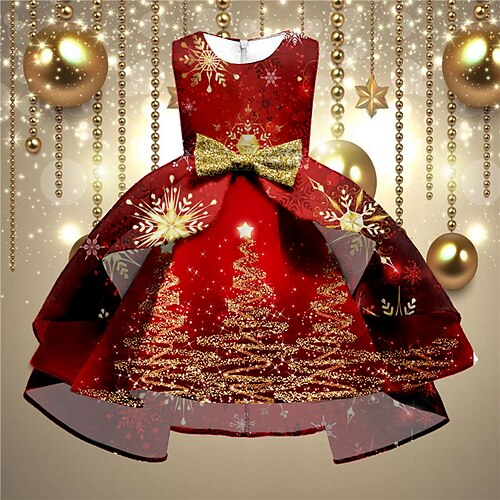 

Kids Girls' Christmas Party Dress Gradient Christmas Tree A Line Dress Christmas Gifts Ruffle Crewneck Gold Red Knee-length Sleeveless Elegant Beautiful Dresses Christmas Winter Fall Regular Fit