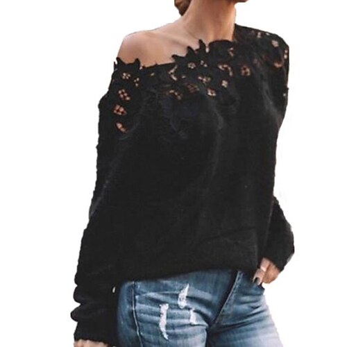 

Women's Pullover Sweater jumper Jumper Ribbed Knit Knitted Lace Trims Pure Color Off Shoulder Stylish Casual Outdoor Daily Winter Fall Gray White S M L / Long Sleeve / Holiday / Regular Fit