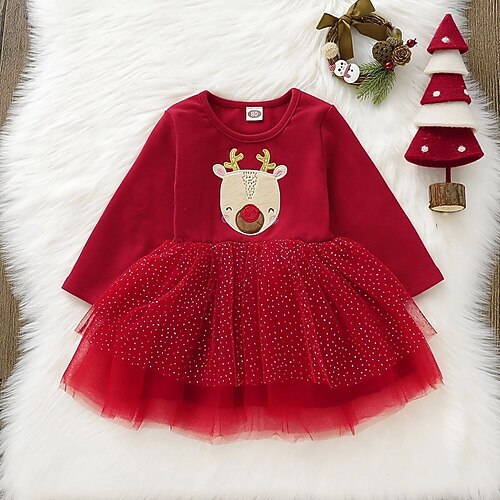 

Kids Girls' Christmas Elk Dress Polka Dot A Line Dress Christmas Gifts Red Long Sleeve Fashion Daily Dresses Christmas Winter Fall Regular Fit 3-7 Years