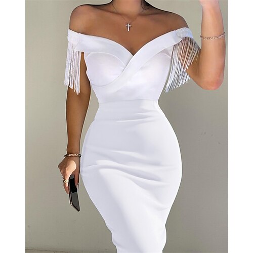 

Women's Party Dress Fringe Dress Sheath Dress Midi Dress White Sleeveless Pure Color Tassel Fringe Winter Fall Autumn Off Shoulder Party Slim 2022 S M L XL